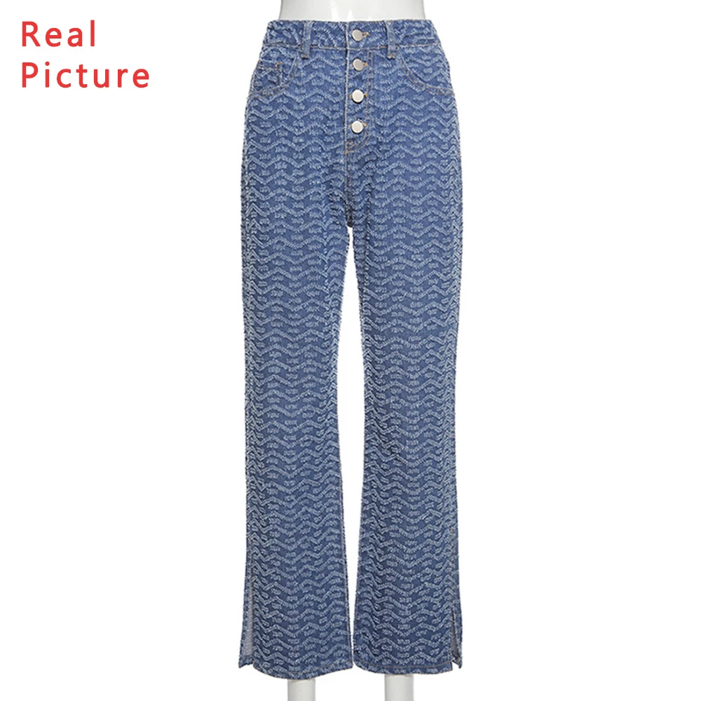 

Fashion Ripped Jeans Embrodiery Printed Baggy Jeans Women Button And Zipper Denim Pants Women High Waist Streetwear Casual