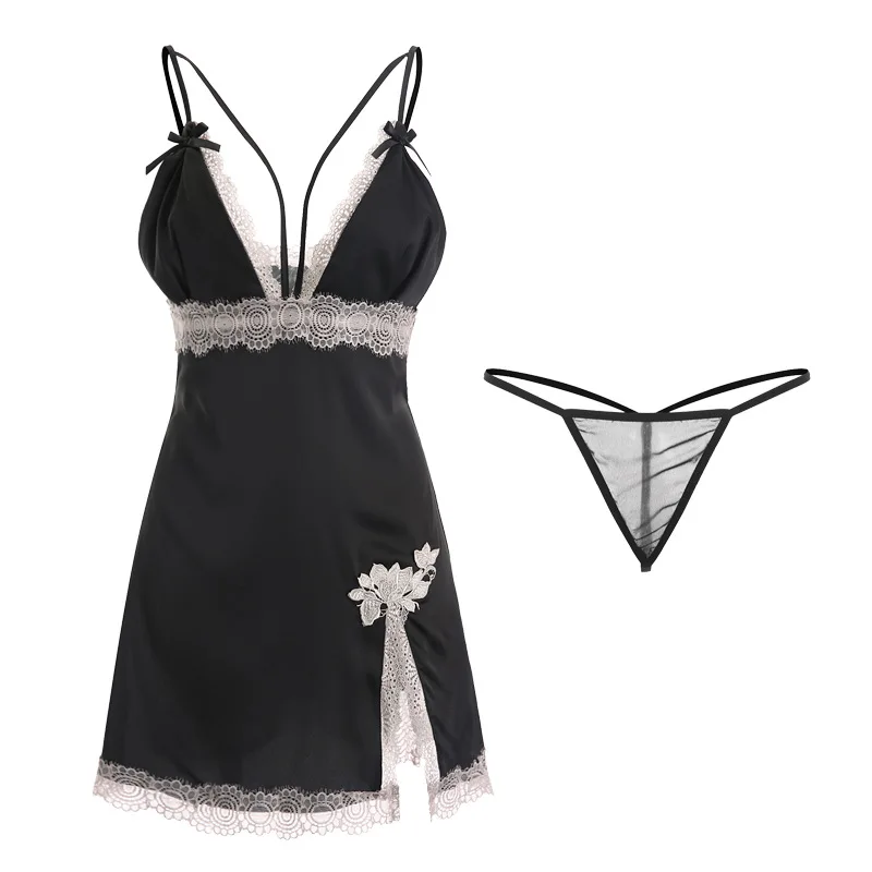 

Hot Porno Women Lingerie Sexy Lace Dress Babydoll Erotic Sexy Satin Sleepwear Deep V-neck Nightdress Nightgown Summer Home Dress