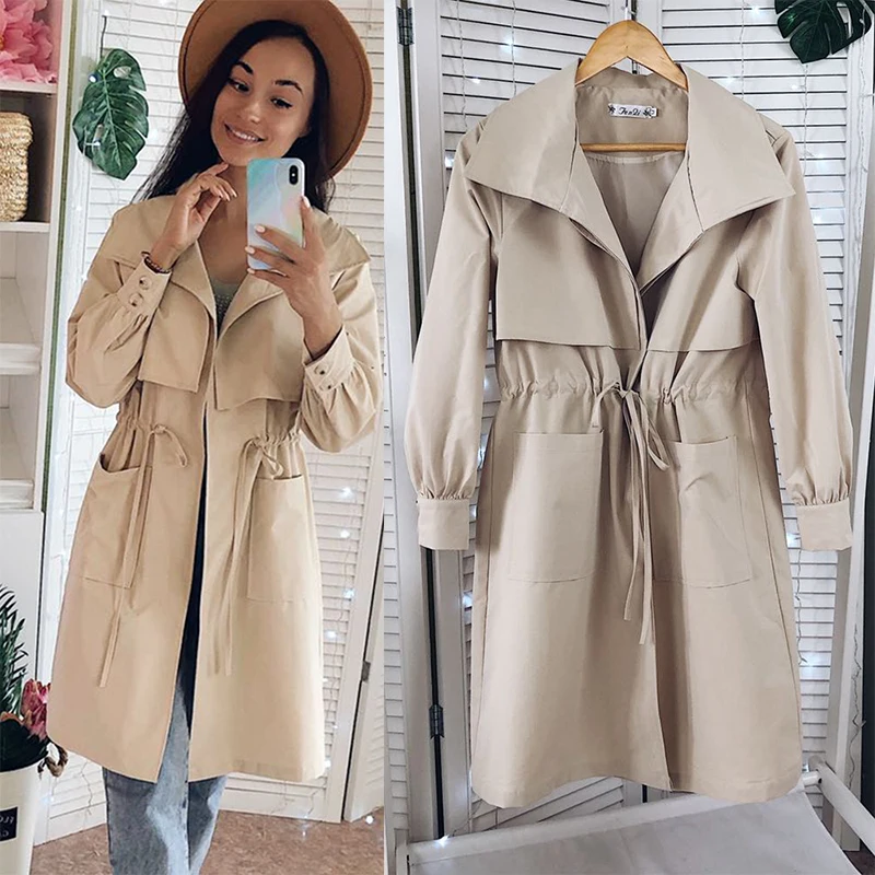 

2021 New Women Trench long Section Solid color Coat Light weight Casual lady's Windbreak Collection