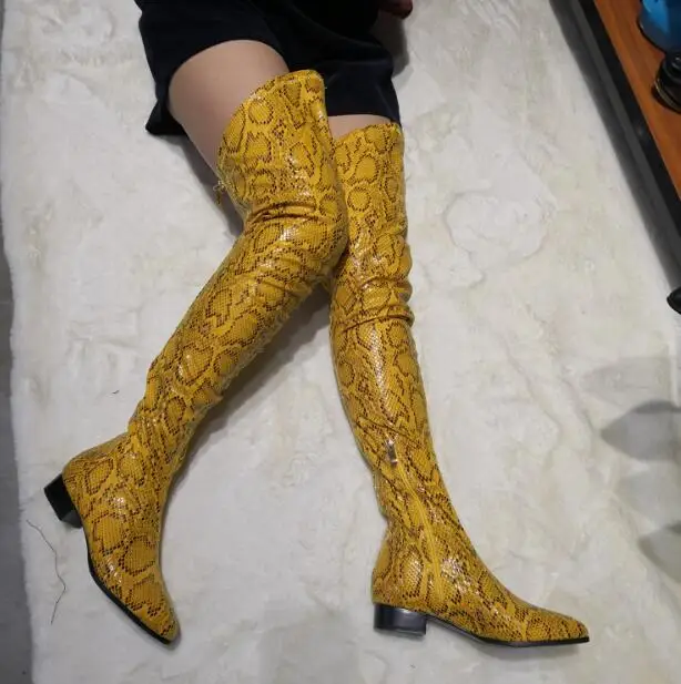 

New Woman Yellow Python Snakeskin Leather Flat Long Boots Fashion Over The Knee Thigh High Boots 100% Real Photos In Stock Lady