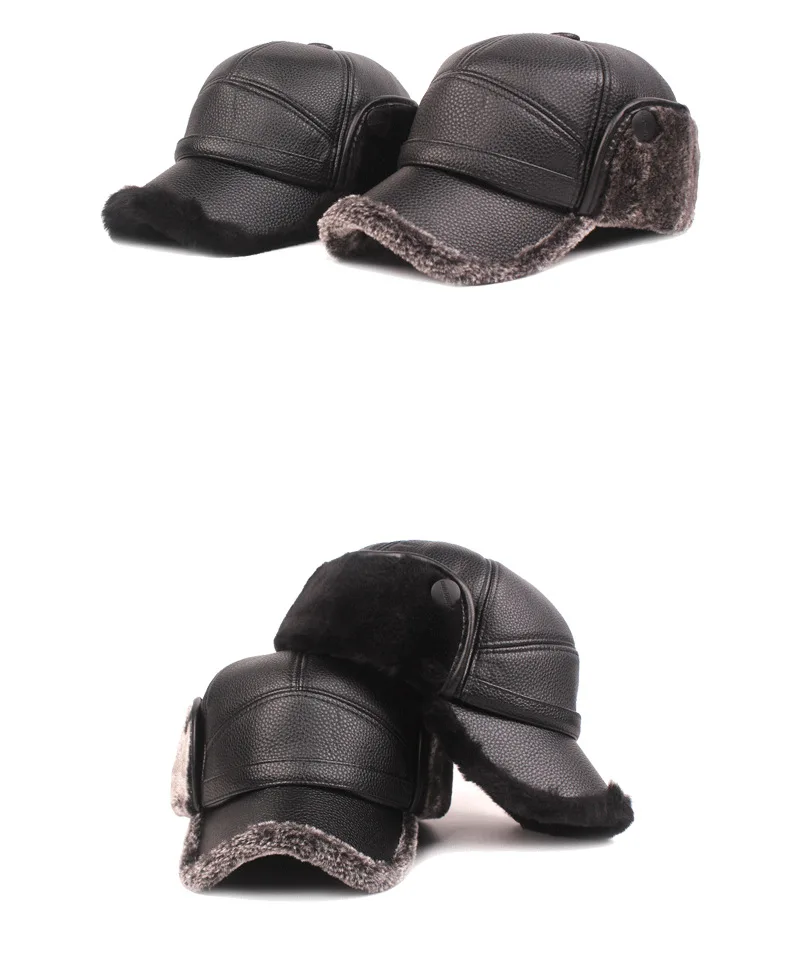 HanXi Winter Men Earflaps Baseball Cap Warm Leather Thicker Snapback Cap Men Father's Hats Ear Faux Fur Protection Casquette