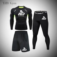 new tzb mens outdoor fitness gym running t shirt comprehensive fighting compression quick drying sports suit three piece set