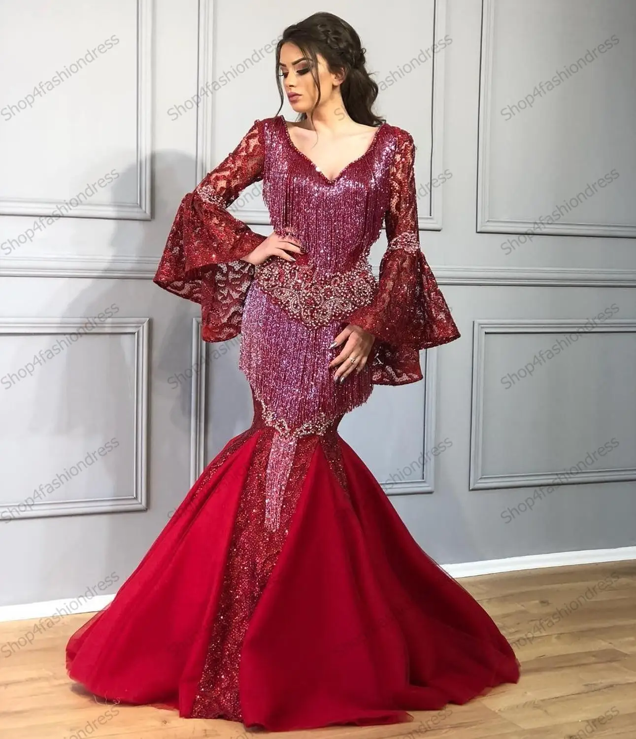 Shiny Beading Tassel Ruffles Mermaid Prom Gowns With Flare Sleeves Luxury Crystals Sequin Tulle Dubai Saudi Arabia Prom Gowns