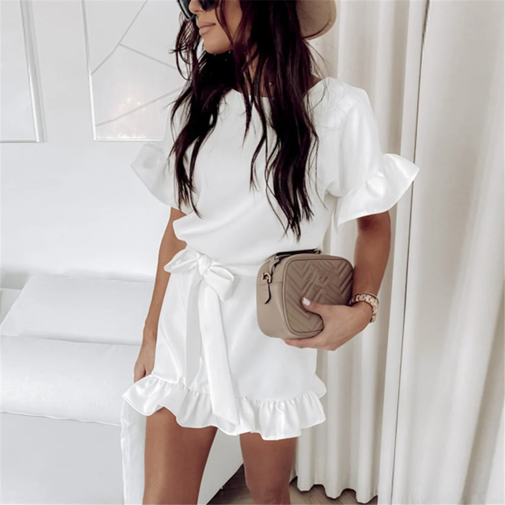 

Lazer the line plied elegant female dress around the neck mini-dressed commuter holiday new style in spring and in summer 2020