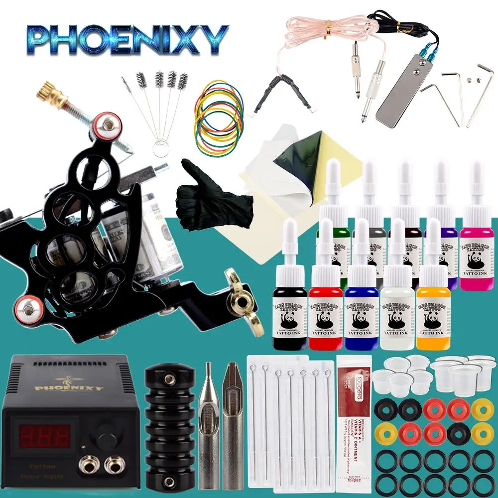10Pcs Ink Kit Полный набор для татуировки, набор для татуировки, 60 мл, черные чернила, пигмент, источник питания, иглы для татуировки, полный набор аксессуаров для татуировки - Цвет: 10Pcs Ink Kit