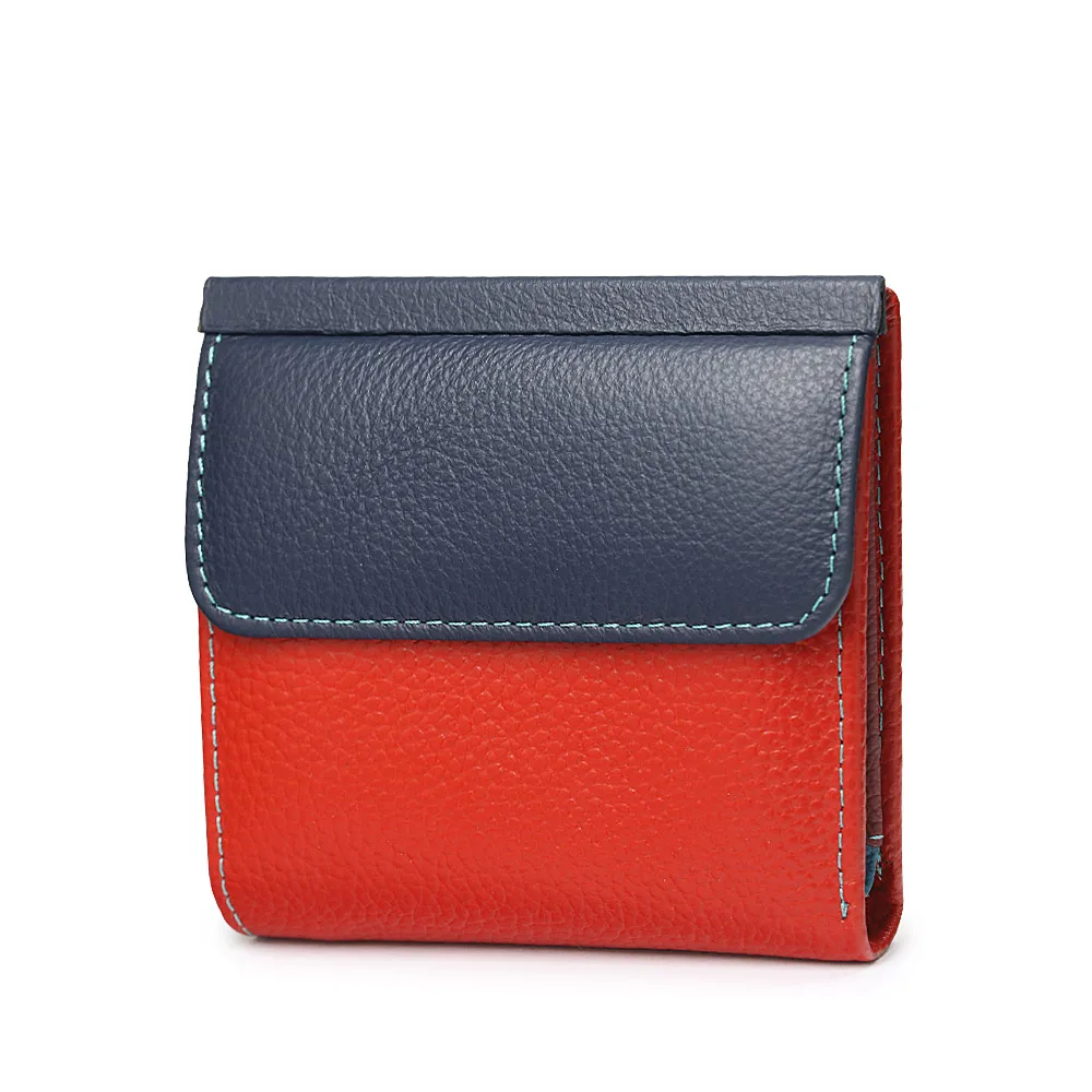 Dark blue-red HH Мини Женский кошелек из натуральной кожи, маленький роскошный женский кошелек из коровьей кожи, тонкий ID держатель для карт, женские кошельки, сумка для денег - Цвет: Dark blue-red