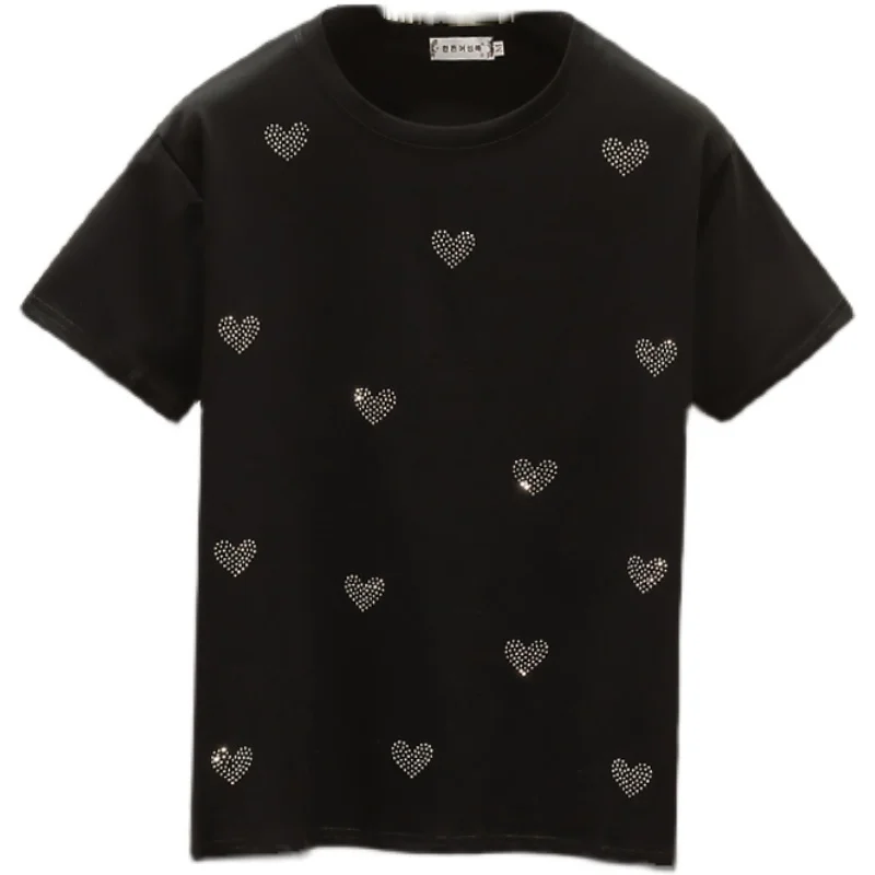 

Love Hot Diamond 2021 Summer New Pure Cotton Heavy Industry T-Shirt Women Short-Sleeve Loose White Tops G708