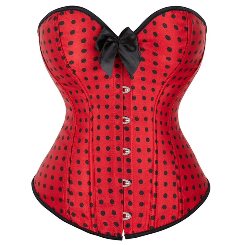 

M89E Women Vintage Red Polka Dot Corset with Bow Lace-Up Boned Overbust Bustier Top