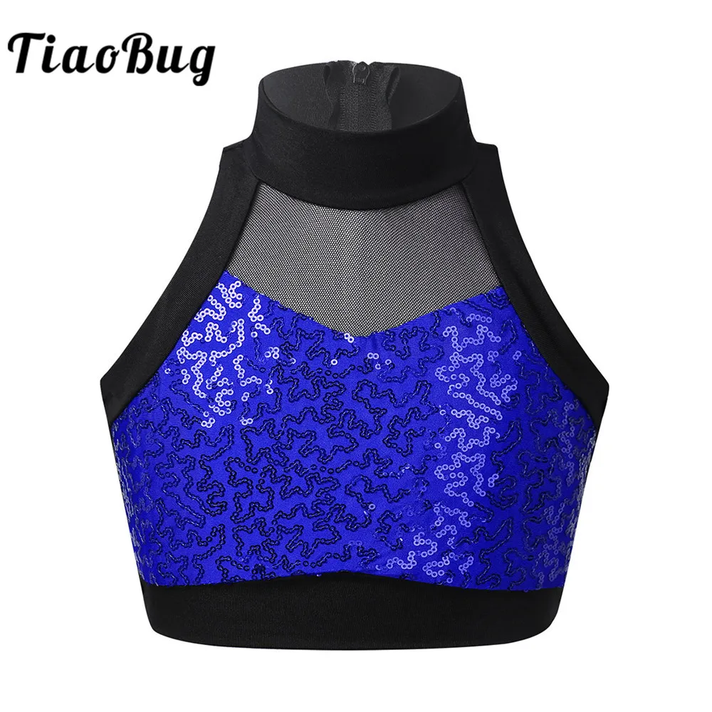 Детский Блестящий сетчатый укороченный топ без рукавов с блестками на молнии для