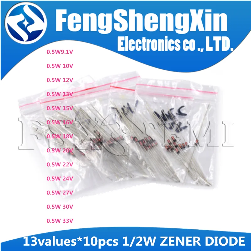 

13values*10pcs=130pcs 1/2W ZENER DIODE 9.1V 10V 12V 13V 15V 16V 18V 20V 22V 24V 27V 30V 33V 0.5W sample Kit