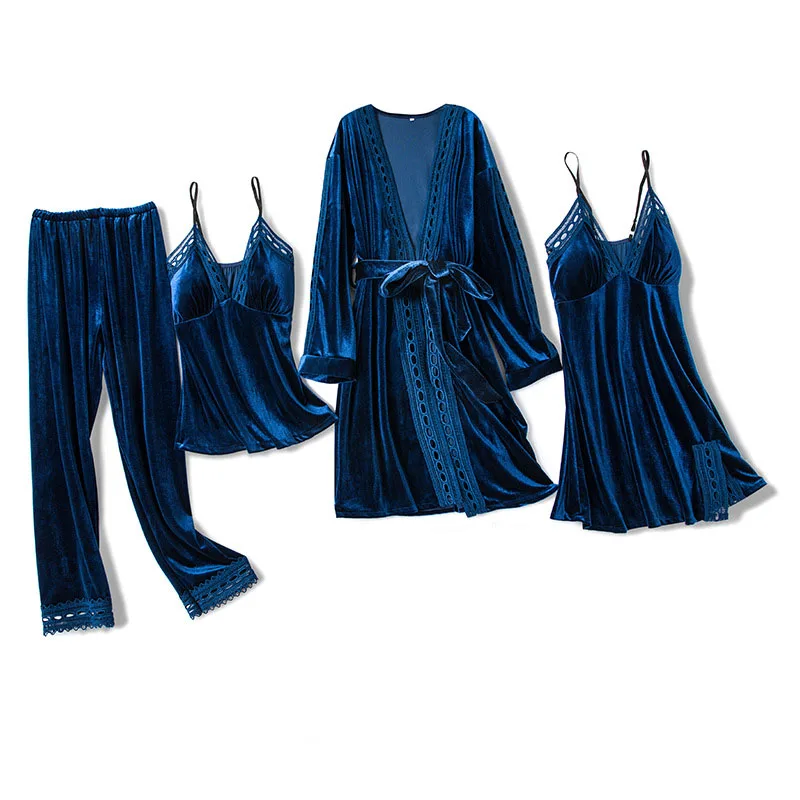 Теплые зимние женские пижамы утолщенная одежда для сна 4 штуки золотой бархатный