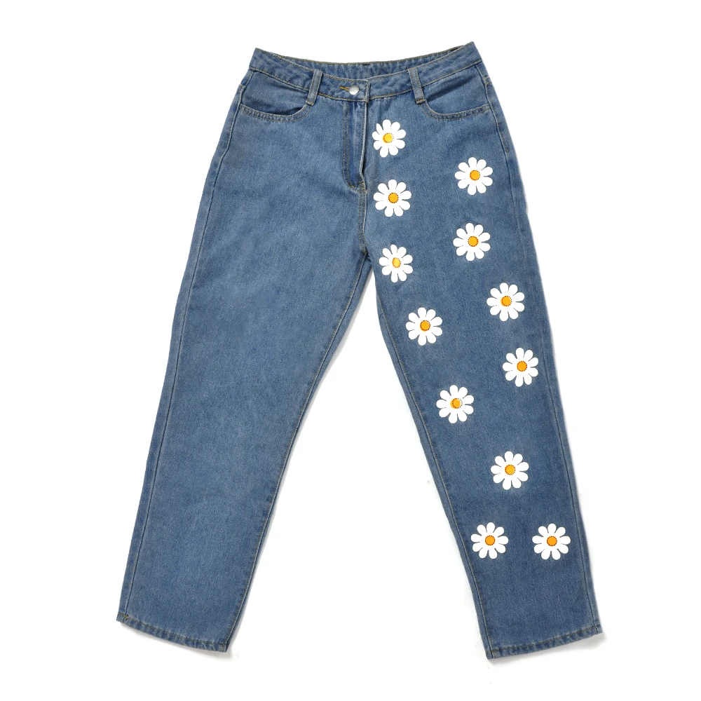 

Fashion Chic Woman jeans high waisted 2020 Straight cute female denim long pants trousers vintage daisies printed women jeans