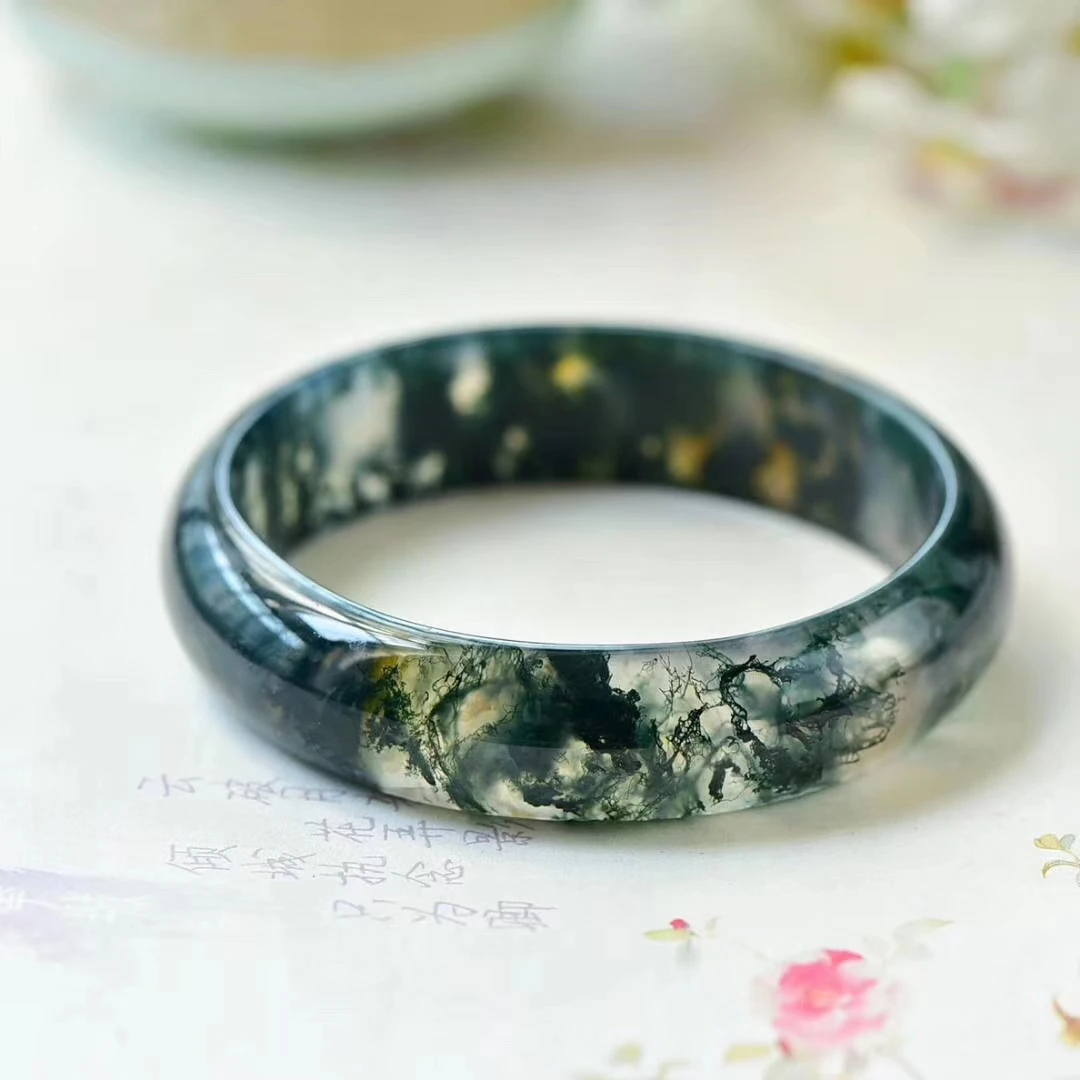 

LETSFUN Natural Indian Water Pattern Green Jade Women Bangle Bracelet