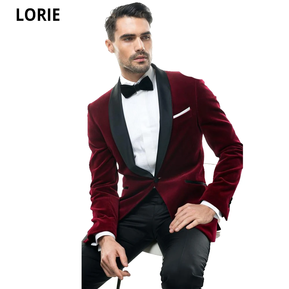 

Винтажный бархатный деловой смокинг для жениха LORIE, цвет Бургунди, облегающий, 3 шт., пальто для жениха, мужские свадебные костюмы, 2020