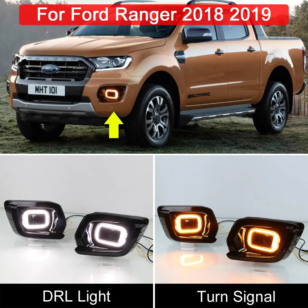 

Автомобильная противотуманная фара 12 В, белые светодиодсветодиодный дневные ходовые огсветильник, янтарный динамический сигнал поворота для Ford Ranger 2018 2019