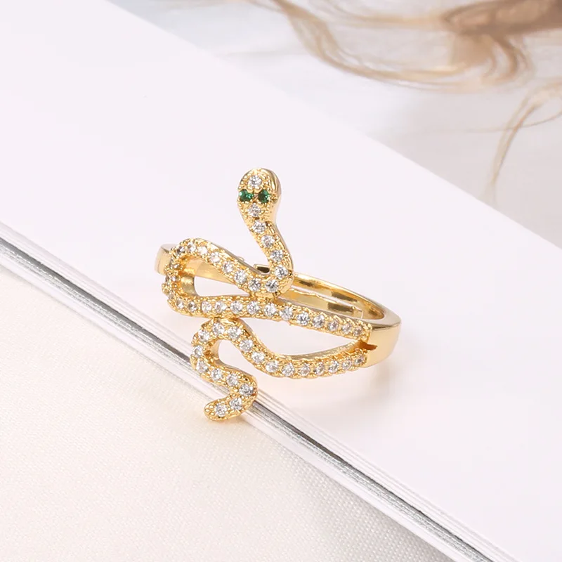 

New Fashion Cubic Zircon Snake Rings Gold Color Animal Green Eye Adjustable Rings For Women Korean Jewelry 2021