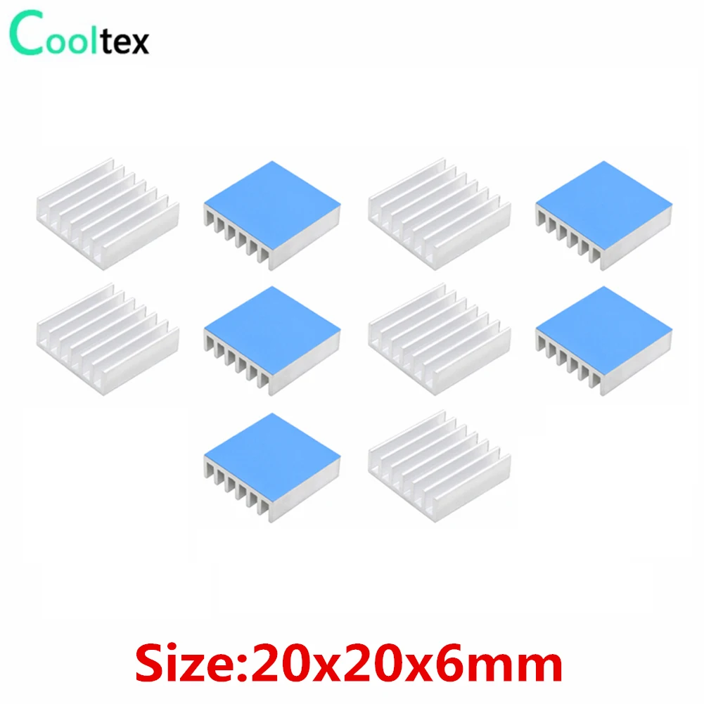 10 шт., алюминиевые радиаторы 20 х20х6 мм с теплопроводной двусторонней лентой