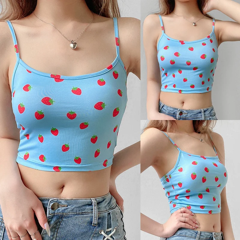 

Strawberry Print Halter Camisole Women's Sleeveless Slim Inner Base Top Blue