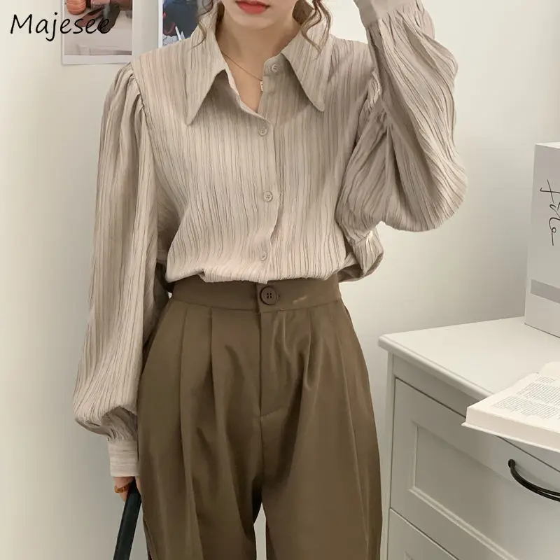 Shirt Women Elegant Solid Color Pleated Mujer Blusas Office Lady All-match Korean Style Long Sleeve Sweet Simple Vintage Casual