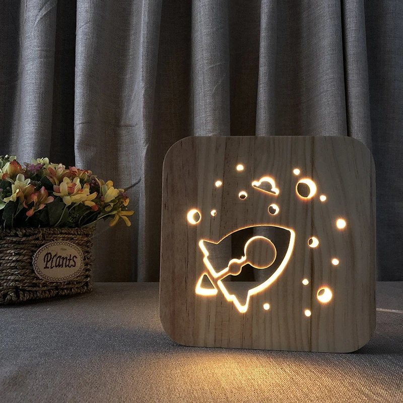 

Wood LED Neon Signs Squirrel Plaques 3D Rocket wooden Plaques Decorative Gift USB Powered carving Plaques ins Home Decoration