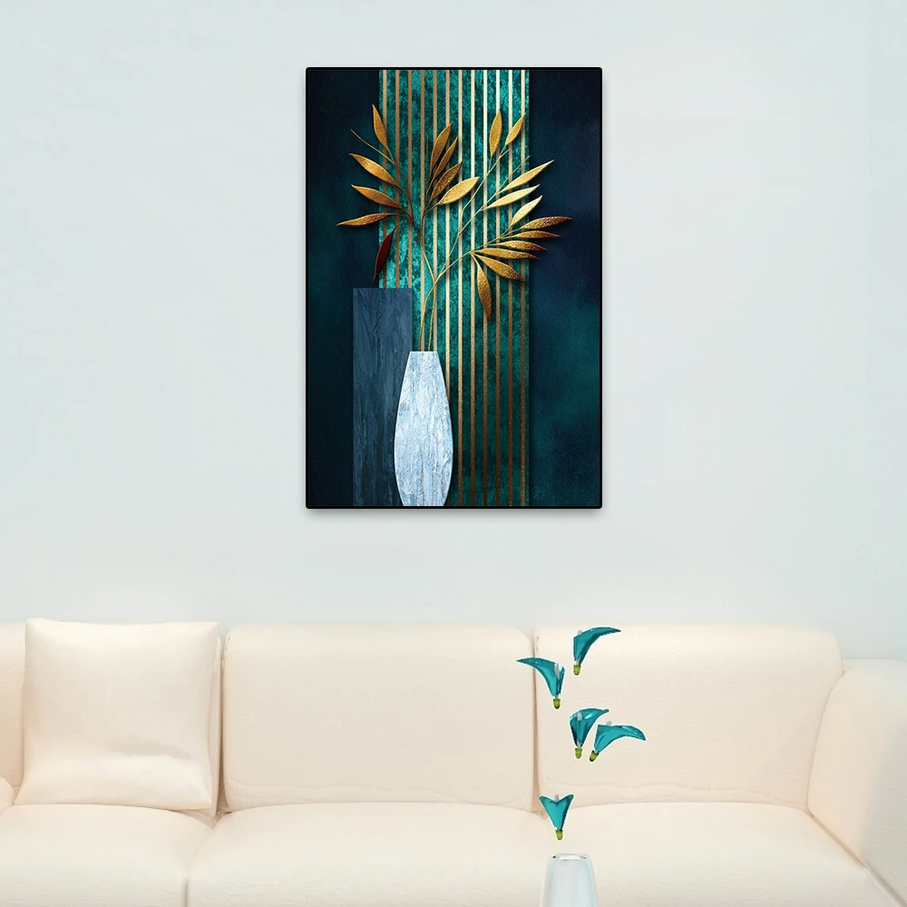 

Laeacco White Vase Golden Branches With Leaves Painting Abstract Canvas Posters Printing Wall Art Picture Home Living Room Decor