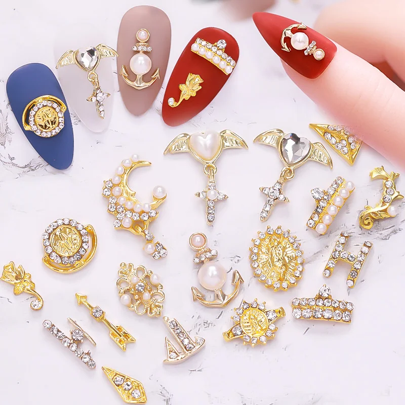 

10pcs/lot gold 3D alloy Nail art Decoration 3d Pearl Metal Nail Jewelry Nail Beauty Accessories Japanese Retro Manicure Charms