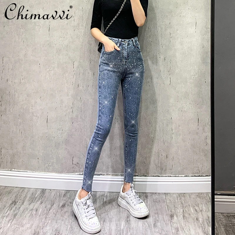 

2021 Early Autumn Fashionable Rhinestone Jeans Women's High Waist Slimming Jeans Lady Cotton Elastic Pencil Pants