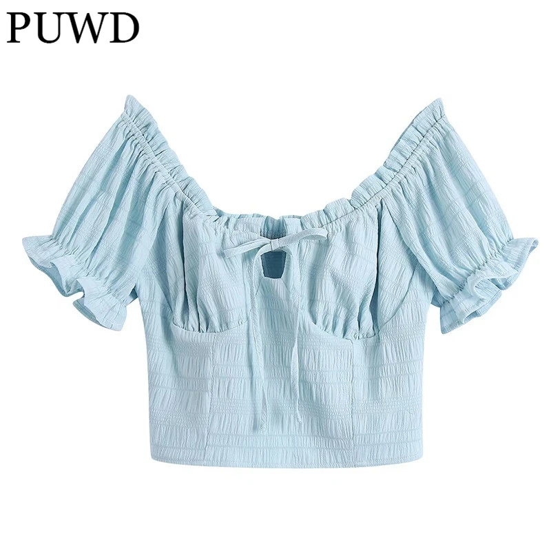 

PUWD Women Shoulder Strap Puff Sleeves Blouse 2022 Spring Fashion Ladies High Street Sweet Cute Shirt Female Textured Crop Top