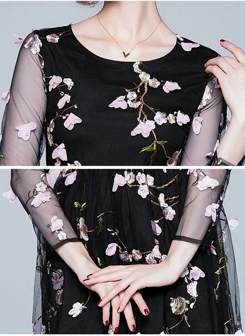 

2021 Autumn fashion week Women Fashion Embroidery Long Sleeve High Waist Black Transaprent Mesh Dress Recreational party dress