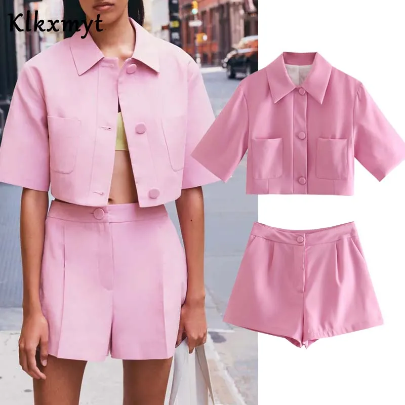 

Klkxmyt Za Suit Women Two Piece Set 2021 Sweet Pink Office Cropped Blazer Coat Casual High-Waisted Short Sets Woman Outfit Suit