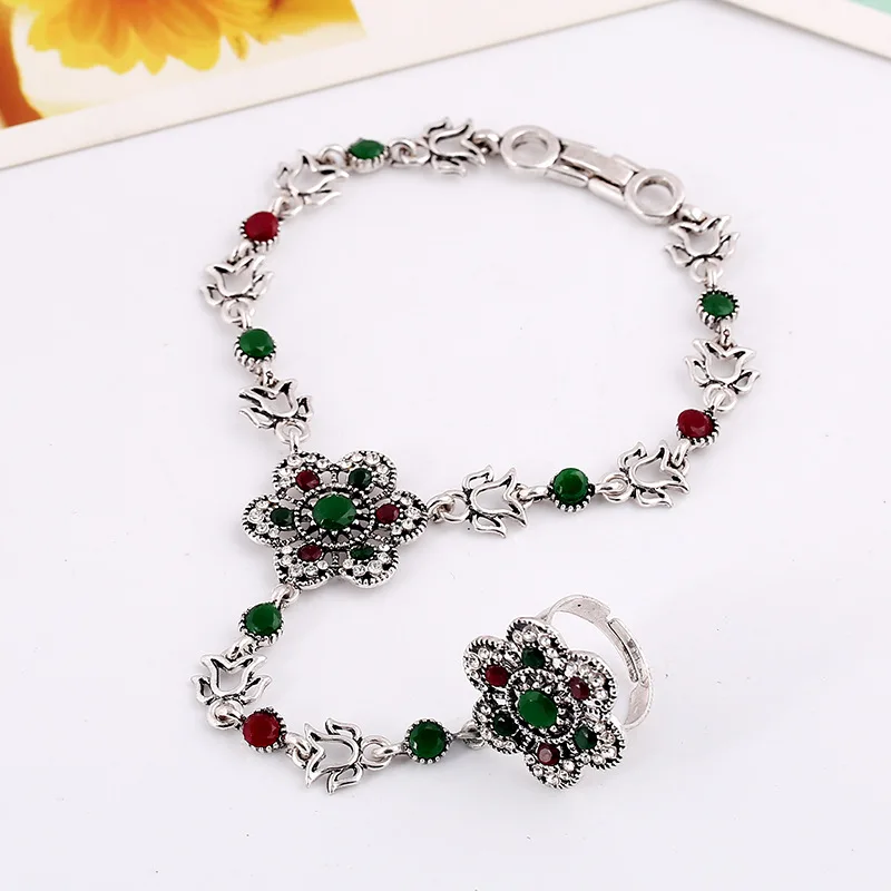 

Bracelet ring one chain retro exaggerated hollowed out leaves flower bracelet ring conjoined women's hand accessories wholesale