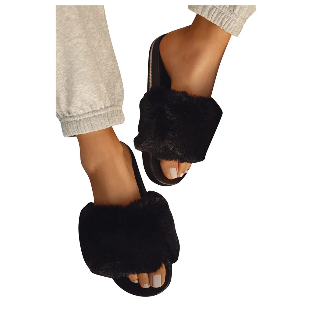Женские повседневные сандалии модные меховые мягкие тапочки Домашняя обувь