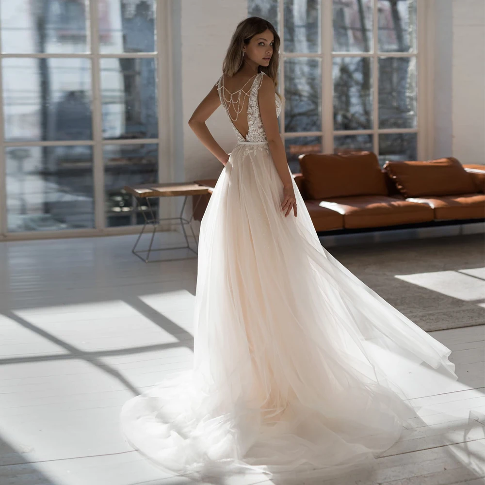 

Vestidos Charming Wedding Dresses Organza Illusion Appliques Sashes V-Neck Sleeveless Backless A-Line Bridal Gowns