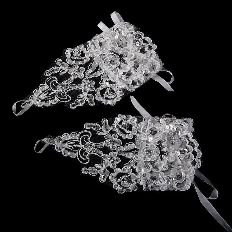 Белые кружевные Стразы с блестками Свадебные Вечерние перчатки без пальцев для