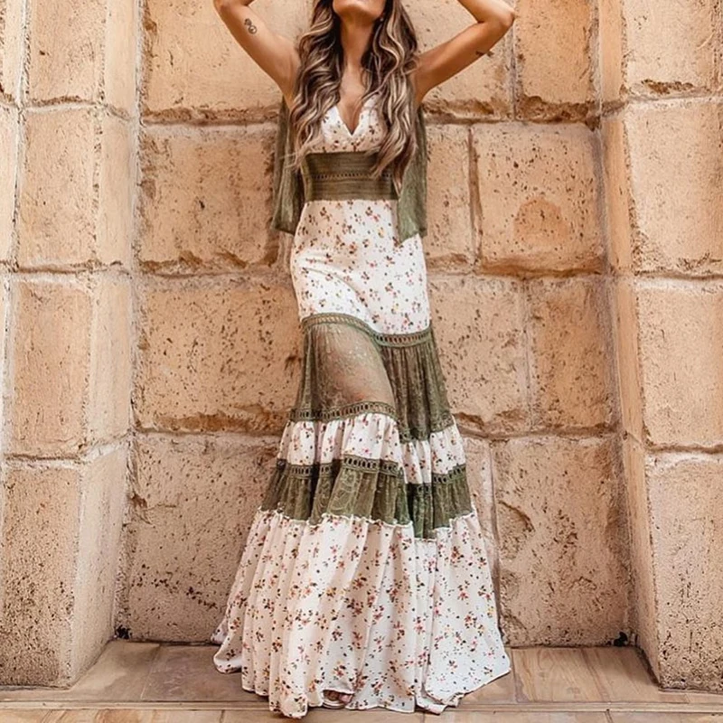 

2021Lotus lace sexy V-neck sling women's retro waist long party dress spring and summer stitching sling long dress Vestidos