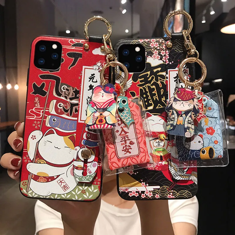 

Lucky Cat Wristband Bracket Shell Phone Case for Samsung S10e S8 9 10 20 21 Ultra Plus Note 8 9 10 20 Ultra Plus Case Back Cover