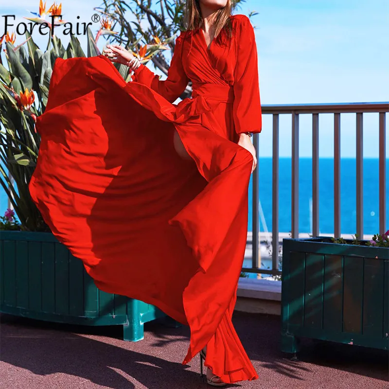 Forefair V Neck Wrap Sashes Sexy Elegant Party Dress Split Long Sleeve Women Maxi Red Club Spring Autumn Lady Vintage Dresses | Женская