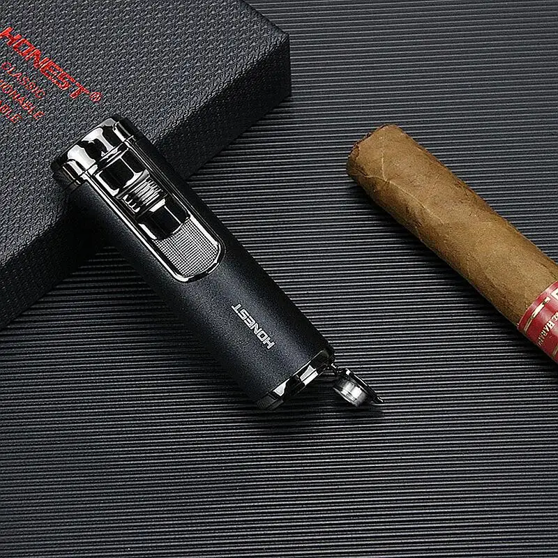 Мощная турбо-зажигалка металлическая ветрозащитная с четырьмя насадками и