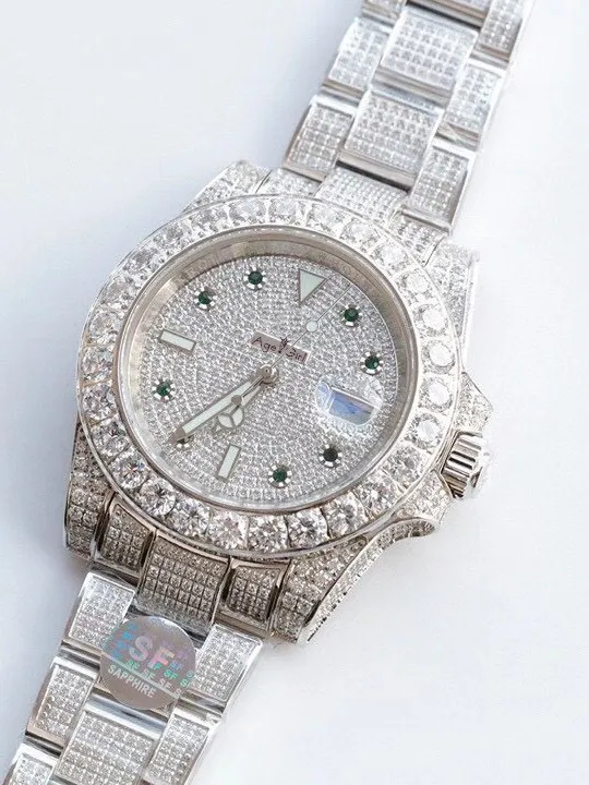 

Luxury Brand New Men Automatic Mechanical Stainless Steel Sapphire ETA2813 Silver White Full Iced Green Diamonds Luminous Watch