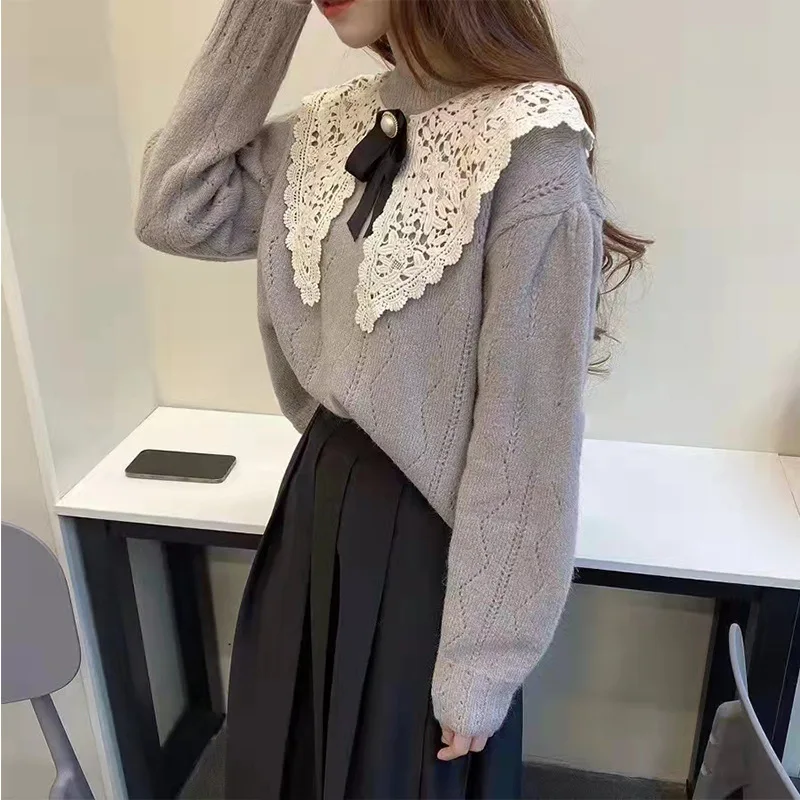 

South Korea's Dongdaemun 2022 Autumn New Female Sweet Lace Crochet Lapel Stitching Bow Sweater Sweater Women Sweater Women