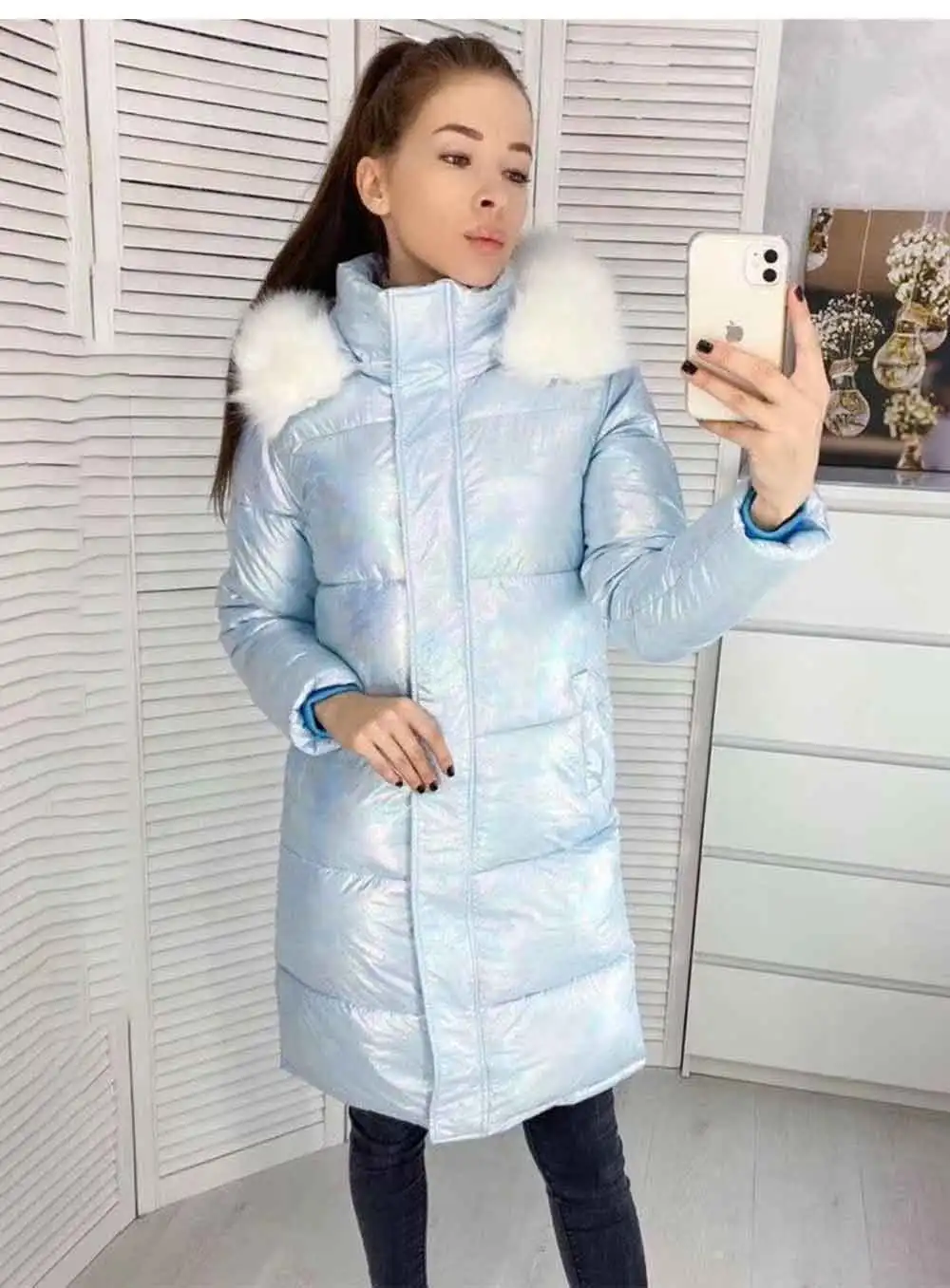Новинки для женщин капюшон куртки оторочен мехом плотные куртки блестящие дамские Материал карманы с длинным пальто Parker женские Теплые повседневные куртки зима