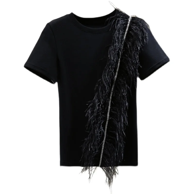 

Exquisite Rhinestone Feather Patch Short Sleeve T-shirt Woman 2021 Summer Korean Style Slim Fit Solid Color Casual Stretch Top