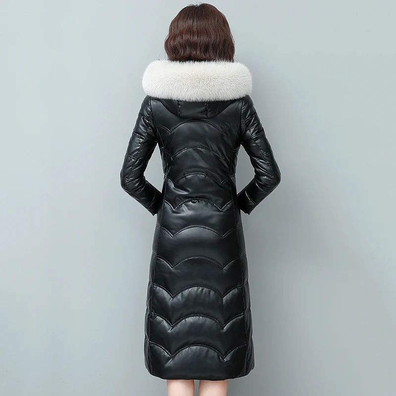 New Women Leather Down Coat Autumn Winter 2022 Fashion Soft Real Fox Fur Collar Hooded Solid Slim Long Sheepskin Down Jacket
