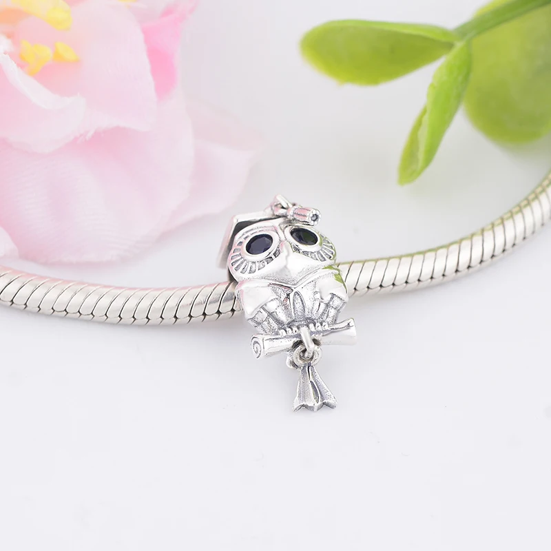 925 серебро сова синий циркониевый глаз Книга Прокрутки Выпускной шарик подходит