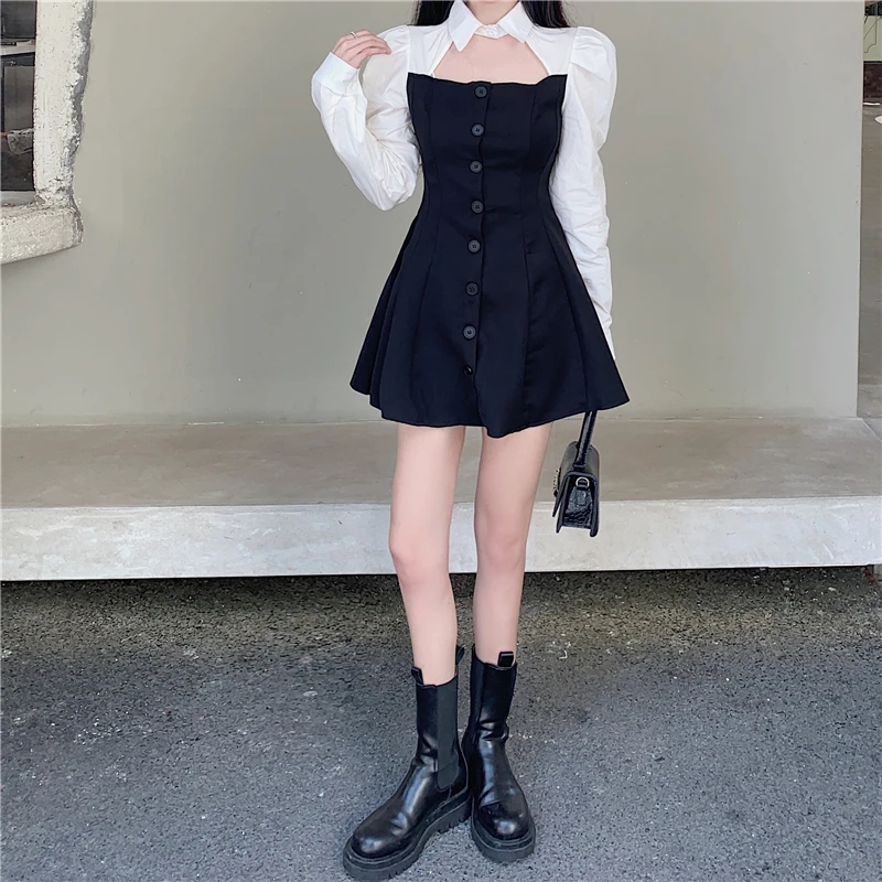 Женское повседневное мини-платье с длинным рукавом Белое и черное платье