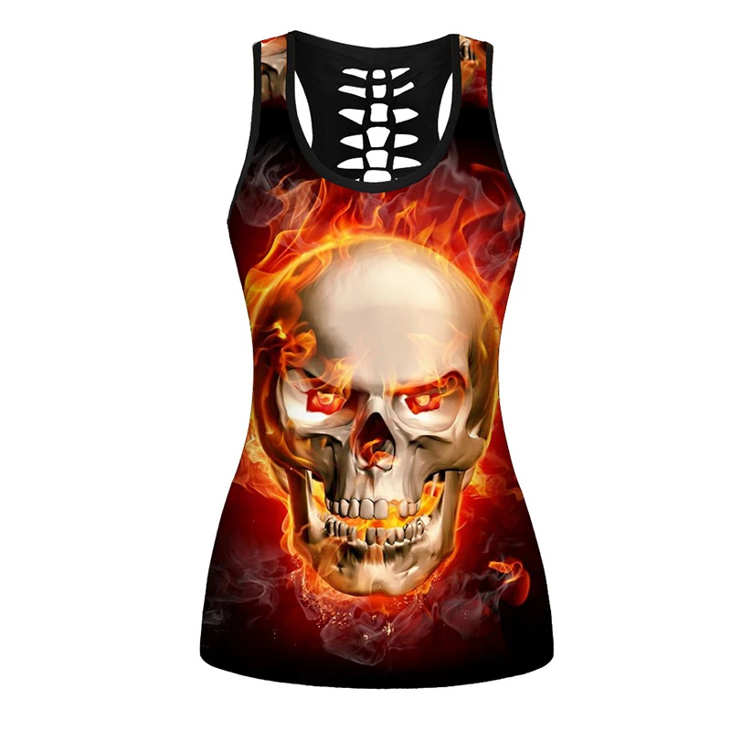 Summer Women Sport Vest Fire Skull 3D Print Sleeveless Shirt Quick Dry Gym Running Fitness Tank Tops Oversized Undershirt Female