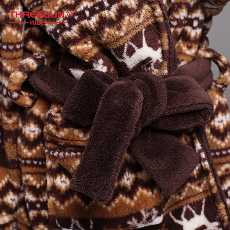 

THREEGUN Kids Bathrobe Flannel Children Boys Brown Bath Robe Winter Sleepwear 1 Robe + 1 Pants Warm Pajamas 7-12 Years