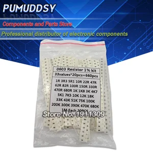 Комплект резисторов 0603 SMD в ассортименте, 1 Ом-1М Ом, 1%, 33 значения, 20 шт. = 660 шт., набор образцов
