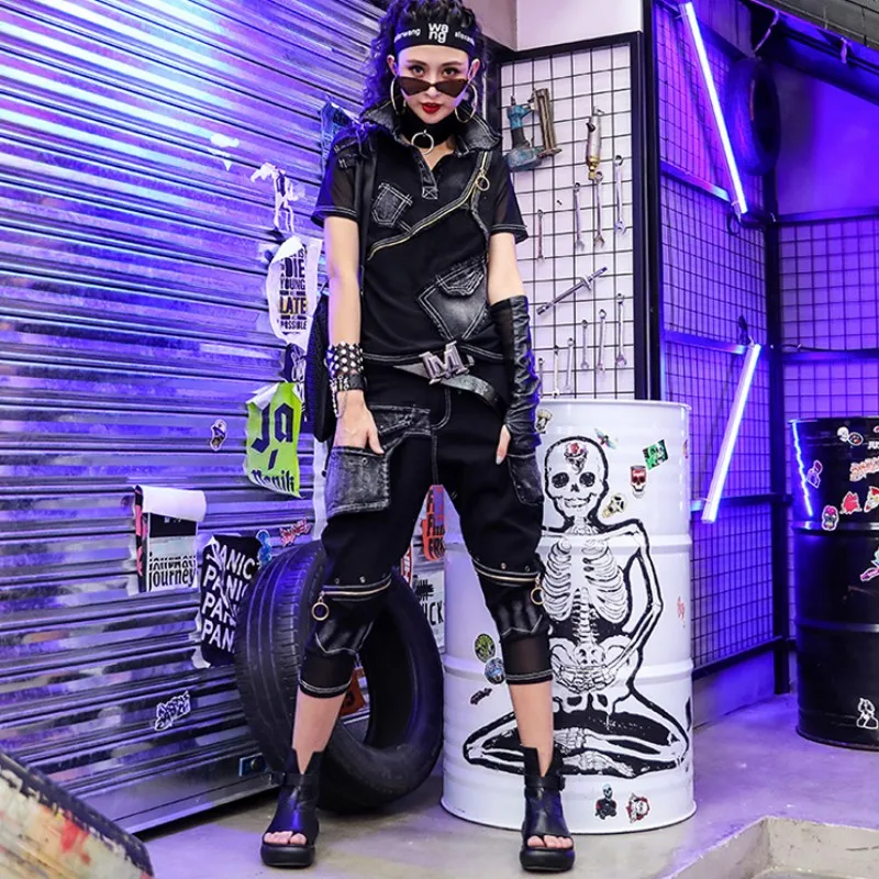 New High Street Women Two Piece Set Patchwork Denim Matching Sets Punk Style Zipper Harem Pants Short Sleeve Tops Summer Outfits