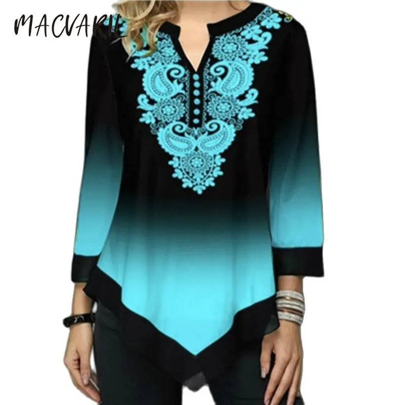 

MACVARIL Vintage Print Women Blouse Shirt Long Sleeve V-neck Tops Casual Female Gradient Hem Blouses Ladies Plus Size Blusa